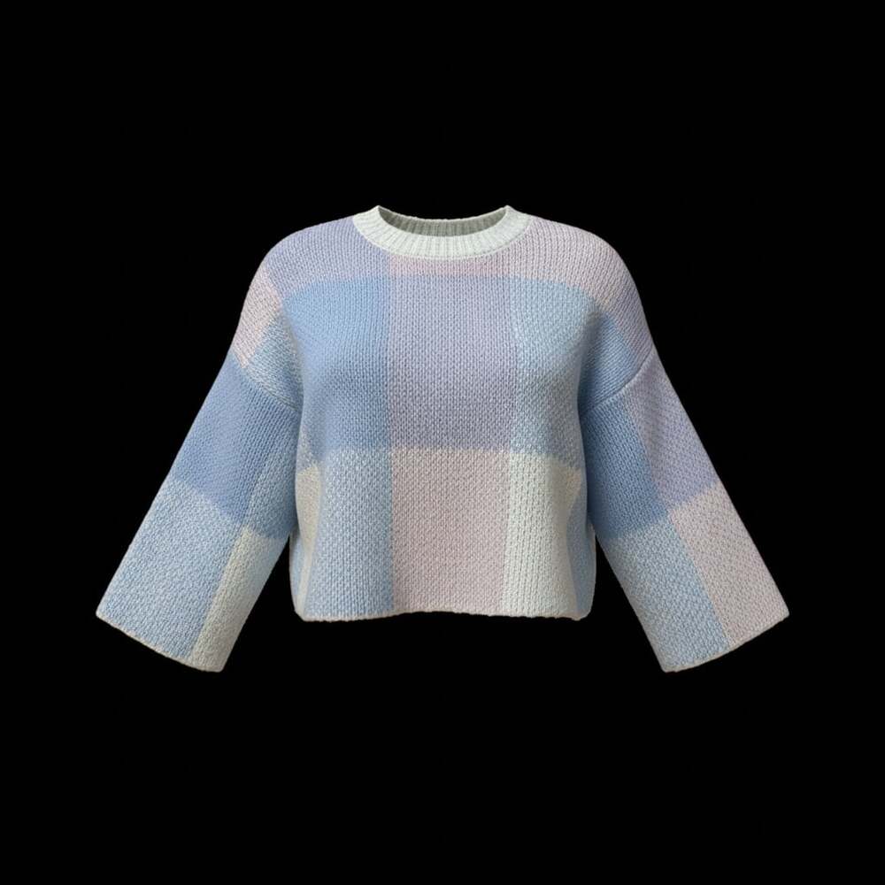 Jessica Simpson Pastel Blue Colorblock Gingham Cropped Knit Sweater